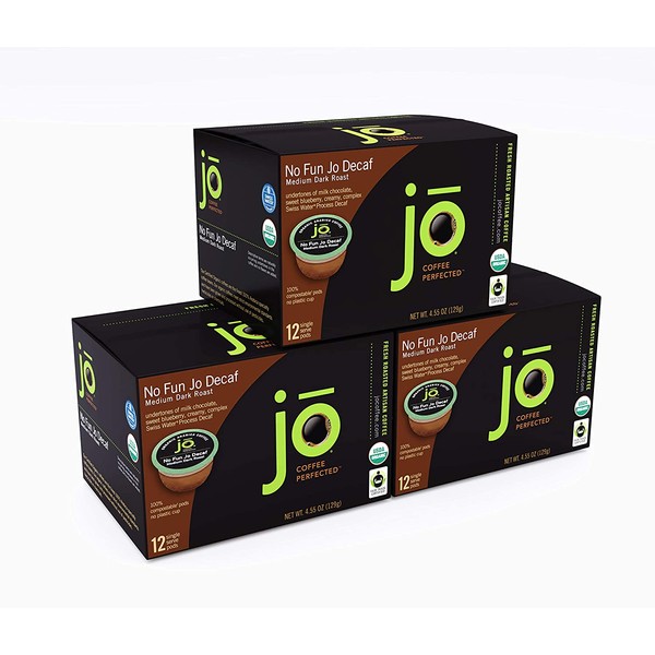 NO FUN JO DECAF: 72 Cup Organic Swiss Water Process Decaffeinated Single Serve Coffee, Eco-Friendly Compostable Coffee Pods for Keurig 2.0 K-Cup Compatible Brewers, Medium/Dark Roast, Fair Trade Certified, Non-GMO, Chemical Free, Gluten Free Decaf