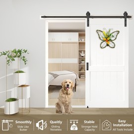 Arti-Life Barn Door Hardware Kit 5FT Heavy Duty Sliding Door Track Kit with Floor Guide and 2 Handles with Lock, Smoothly Hardware Kits for Interior Exterior Fit 28"-30" Wide Panel (J Shape Hanger)