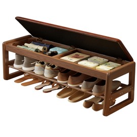 AQIMUELE Shoe Rack Bench with Leather Cushion,2 Tiers Shoe Bench with Flip-Top Storage,Wood Shoe Rackh for Entryway,Hallway（Orange,39.4"）