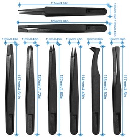 MMOBIEL 8Pcs Anti-static Multifunctional Plastic Precision Tweezers Set, Slant Flat Tip Tweezer Pointy/Curved Tips Tweezers for Electronics, Jewelry-Making, Laboratory Work, Repair Black