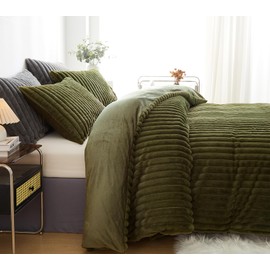 Fluffy Duvet Cover Queen Size Faux Fur Duvet Cover Reversible 3 Pcs Cozy Flannel Velvet Duvet Covers Green Boho Striped Bedding Duvet Cover Set with Zipper Ties for Women Men