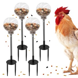 BingegePet Chicken Enrichment Toys with Spring and Ground Stake, 4 Peck Treat Dispenser, Chicken Feeder for Coop, Coop Accessories for Hens, Geese, Ducks, Turkeys, Other Poultry
