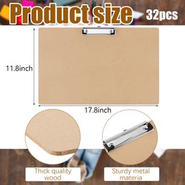 Henoyso 32 Pcs Extra Large 11x17 Clipboard Wooden Lap Board with Low Profile Clip Desk Brown Landscape Horizontal Clipboard Ledger Brown Hardboard for Drawing Sketching Art