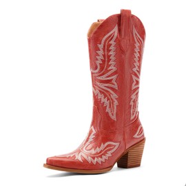Orlynx Red Cowgirl Boots for Women – Western Mid-Calf Cowboy Boots, 3-Inch Heel, Pointy Toe Fashion Embroidered Ladies Boots, size 10