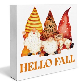 Fall Decor Hello Fall Wooden Box Sign Gnomes Fall Decorations Rustic Home Desk Shelf Tabletop Decor 5 x 5 Inches