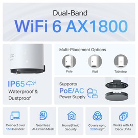 TP-Link Deco X20-OUTDOOR AX1800 Dual-Band Wi-Fi 6 Outdoor Mesh WiFi Extender Unit | Up to 2,200 sq.ft| 2 Gigabit PoE+ Ports, Waterproof| HomeShield| 3 Mounting Options| Secure by Design, 1-Pack
