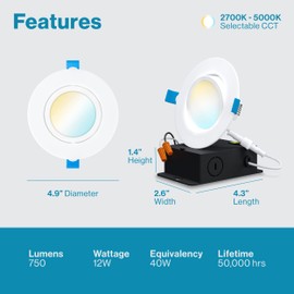 Sunco Lighting 6 Pack Recessed LED Lights Canless 4 Inch Eyeball Gimbal 12W, Selectable 2700K/3000K/3500K/4000K/5000K, Angled Directional Light with Jbox, Ultra Slim Dimmable, ETL
