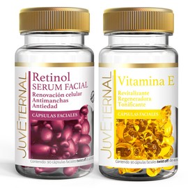 Juveternal Duo Cápsulas Faciales Retinol Cápsulas Faciales Vitamina E 90 caps c/u Efecto lifting Revitaliza y Regenera la piel