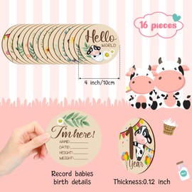 16 Pieces Wooden Baby Monthly Milestone Cards Baby Monthly Milestone Marker Discs Double Sided Monthly Milestone Wooden Circles Baby Months Signs for Baby Shower Newborn Photo Props (Cow and Leaves)
