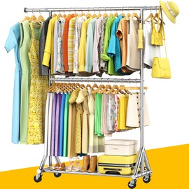 100% Stainless Steel Heavy Duty Clothes Rack Load 860LBS, Rolling Double Rods Clothing Racks for Hanging Clothes, Adjustbale Garment Rack With Sturdy Wheels Shelf, Portable Closet Rack Free Standing