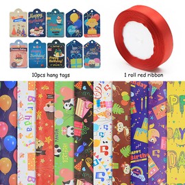 Birthday Wrapping Paper Kids,Gift Wrapping Paper Boys Girls,10 Sheets Cartoon Themed Wrapping Paper Folded Sheets 70x50cm with Tags and Red Ribbon for Baby Shower Happy Birthday Party Gift Wrap