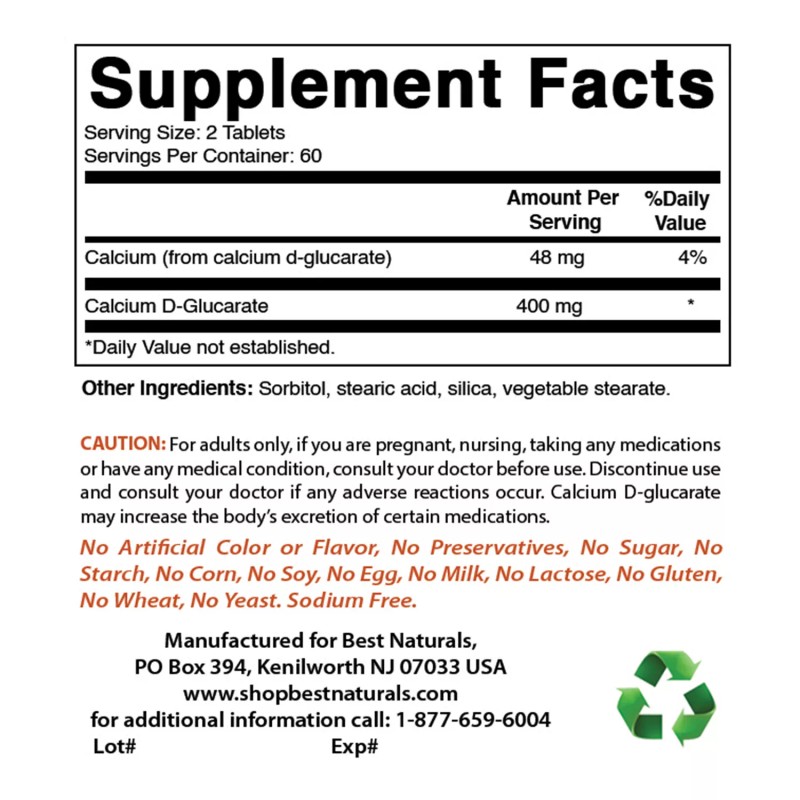 Best Naturals Calcium D-Glucarate 200 mg 120 Tablets