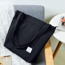 KALIDI Women's Tote Bag, Shoulder Bag, Large Size, Canvas Tote, Canvas Tote Bag, Large Capacity, Plain, For School or Travel, Zipper Included, Black