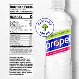 Propel Energy Boost Zero Calorie Flavored Water With Electrolytes and Caffeine, Raspberry Green Tea, 16.9 fl oz Bottles (12 Pack)