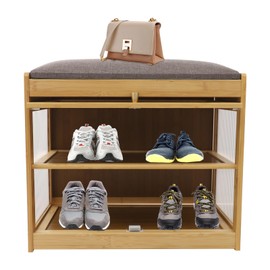 WsrrLun Entryway Shoe Bench, Modern Shoe Rack Bench with Seat Cushion, 2 Tier Storage Organizer for Entrances Hallways Living Rooms Bedrooms, 165lbs Load (Log Color, 50cm/19.69in)