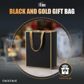 YACEYACE Black and Gold Gift Bags, 10Pcs 8"x4.25"x10" Medium Gift Bags Bulk, Black Gold Frame Bags with Handles, Goodie Bags, Retail Bags, Party Bags