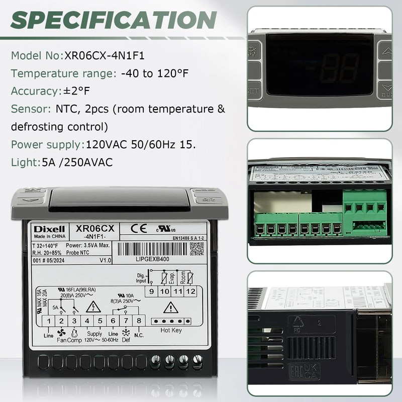 for Dixell Temperature Controllers, XR06CX-4N1F1 Digital Thermostat with Sensor Probe