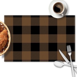 Black and Brown Buffalo Check Plaid Placemats Set of 4, 12x18 Inch Waterproof Stain Resistant Linen Table Placemats Farmhouse Kitchen Party Decor Home Décor