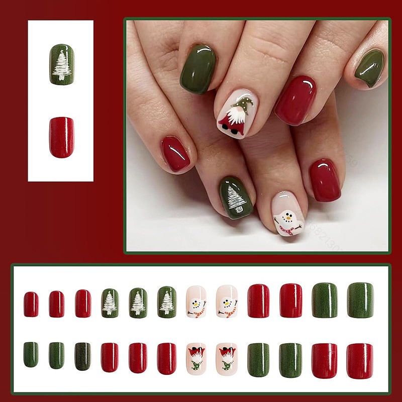 Short Christmas Press on Nails Square Fake Nails Red Green