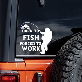 2PCS Born to Fish Forced to Work Decal 5.51"x5.51" Vinyl Sticker for Cars, Motorcycles, Trucks, SUV, Bumpers - Humorous Angler Design | #AZ61 (White)
