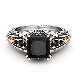 925 Sterling Silver Black Gem Ring Vintage Cocktail Rings Square Cut Black Onyx Marcasite Cubic Zirconia Anniversary Promise Ring CZ Eternity Engagement Wedding Band Ring (L 1/2)