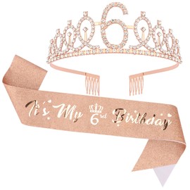 Canitor 6th Birthday Decorations Girl Birthday Headband Crown Tiara and Sash for 6 Year Old Girl Gifts Princess Party Dresses Outfit Accessories