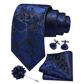 Gusleson Mens Paisley Tie for Wedding Silk Navy Blue Necktie Pocket Square Cufflinks and Lapel Pin Brooch Set (UK6105-29)