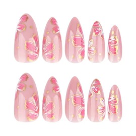 Spring Floral Press on Nails Medium Fake Nails Almond Shape False Nails with 3D Flower Pattern Design Reusable Acrylic Nails Press ons Glossy Full Cover Stick on Nails for Women 24 Pcs