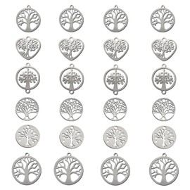 Toaob 24 Pieces Silver Tree of Life Pendants Round Alloy Metal Heart Lucky Charm Pendant for Necklaces Jewellery DIY Favours Key Chain, Stainless Steel