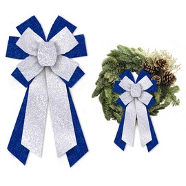 Glodecart Large Hanukkah Bow for Wreath, Glitter Silver Blue Wreath Bow for Hanukkah Party Décor Jewish Hebrew Christmas Bow for Front Door Indoor Outdoor Wall Tree Topper Decoration Supplies Ornament