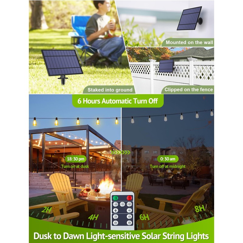 Larkvue 48FT Solar Outdoor String Lights with Remote & Timer,