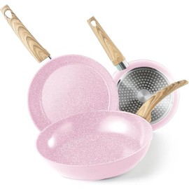 vkoocy Non Stick Frying Pan Skillet Set, 8" 9.5" 11" Nonstick Pans Set Induction Ceramic Cookware Set with Granite Pattern Omelet Pans, Chef's Pan, Pale Pink