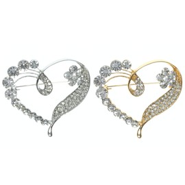 Crystal Diamante Heart Brooch Love Bridal Wedding Pin Jewellery (Silver)