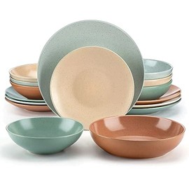 Stackable 16 Pieces Round Shaped Stoneware Dinnerware Set | Semi-Matte Speckled Glaze Finish Green Beige Mixed Color | Highly Durable Dishwasher & Oven Safe Pretty Smooth Textured | Stylish Look