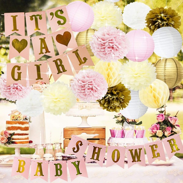 Princess Baby Shower Decorations for Girl Pink and Gold Baby Shower It's A Girl Banner Tissue Pom Poms Paper Lanterns Honeycomb Balls Pink/White/Gold/Cream Baby Shower Party Decoration Nursery Decor
