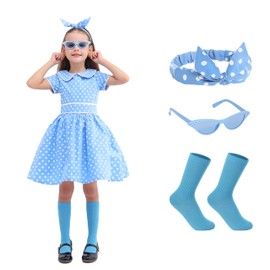 Rabtero Girls 50s Dress, Girls Special Occasion Dress, Easter Dress Costume for Girls, Polka Dot Dress with Headband, Glasses and Socks for Toddlers 3T-4T, Small, Blue