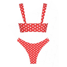seamoly Vintage Polka Dots Ruched Bowknot Decor Cheeky Bikini Set, Red, M
