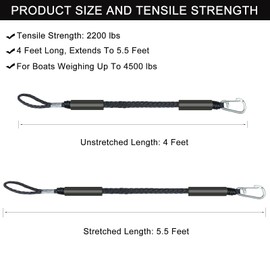 Nogcay Boat Bungee Dock Lines Mooring Rope 2-Pack 4 Feet for Docking with Stainless Steel Clip Accessories for Boats PWC, Built in Snubber, Kayak, Watercraft,SeaDoo,Jet Ski, Pontoon, Canoe (Black)
