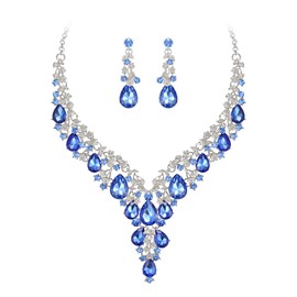 Clearine Wedding Bridal Jewellery Set Teardrop Rhinestone Cluster Statement Necklace Costume Dangle Earrings for Women Deep Light Blue Silver-Tone