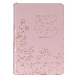 Christian Art Gifts Inspirational Zippered Journal, Strength & Dignity Wide Ruled Notebook, Prov. 31:25 Bible Verse, Pink Vegan Leather Floral, 336 Lined Pages w/scripture, (9” x 6.4” x .9”)