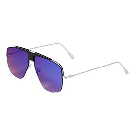 Rimless Geometric Flat Lens Metal Frame Plastic Shield Aviator Sunglasses (Blue)