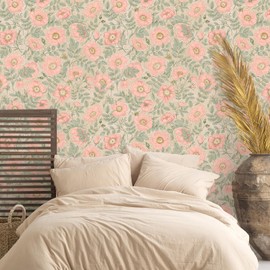 VEELIKE Pink Poppies Floral Peel and Stick Wallpaper Boho Flower Wallpaper for Nursery Bedroom 17.7''x118'' Vintage Wallpaper Floral Contact Paper for Cabinets Drawers Prepasted Removable Wallpaper