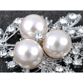 Alilang Silvery Tone Clear Rhinestones Faux Pearl Festive Tree Leaf Brooch Pin