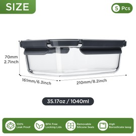 Spreccio Glass Food Storage Containers with Lids, 5 Pack of 36oz, Glass Meal Prep Container with Airtight Lids, Microwave Safe Food Container Set, BPA Free, LeakProof, Ideal for Lunch