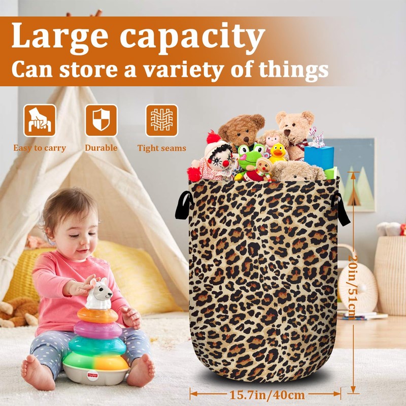 Brown Leopard Laundry Basket with Sturdy Handles, Natural Animal Skin