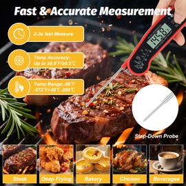 MixOra Meat Thermometer Digital, Waterproof Instant Read Cooking Thermometer with LCD Backlight, Magnetic Back & Bottle Opener for Kitchen, Baking, Sous Vide, Outdoor Grilling,Candy Making, Red
