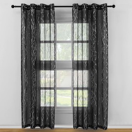 Kotile Voile Net Curtains for Bedroom - 72 Inch Drop Eyelet Semi Sheer Nets Printed Metallic Silver Tree Branch Window Voile Curtains Light Filter for Living Room, 46 x 72 Inch Drop, 2 Panels