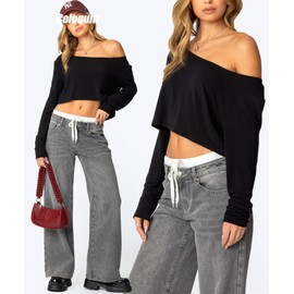 Women Long Sleeve Off The Shoulder Top Loose Gym Workout Crop Tops Oversized Dance Tops Black S