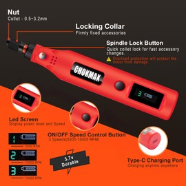 CHOKMAX Mini Cordless Rotary Tool with Work Screen, 3-Speed Grinder Kit with 72 Accessories, Type-C Charging Art Craft Tool for Sanding, Polishing, Grinding and Small DIY Craft Job Red