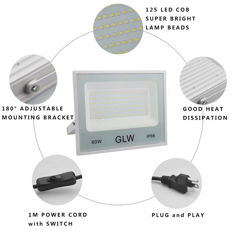 GLW LED Flood Lights 60W 3 Pack, 6000lm Super Bright